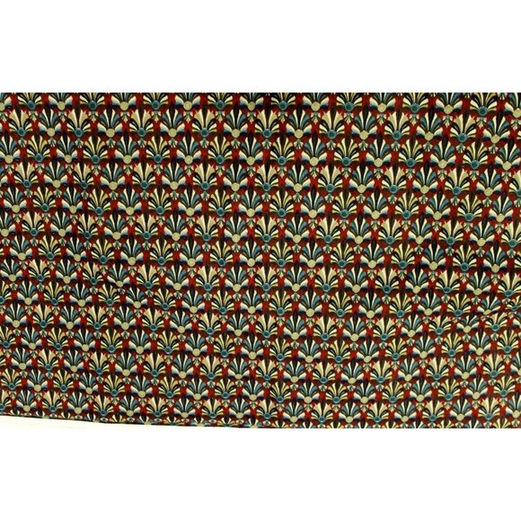 VTG Maroon Fabric Blue Tan Fan Pattern Upholstery 46" Hollywood Art Deco Style - Picture 2 of 3